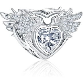 NINGAN Birthstone Charms for Charms Bracelet, Angel Wings 925 Sterling Silver Love Heart Bead Pendant Birthday Christmas Jewelry Gift for Women