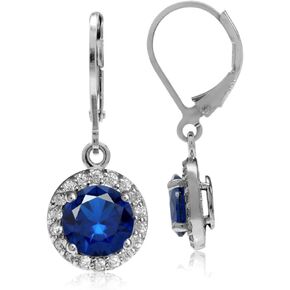 Silvershake 7mm Round Shape Birthstone Gemstone 925 Sterling Silver Halo Drop Dangle Leverback Earrings Jewelry for Women Business Attire