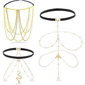 3 Pieces Leg Chain Glitter Stretch Body Jewelry Sexy Thigh Chain Snake Crystal Faux Pearls Dress Accessory