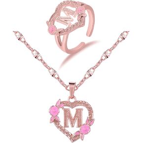 A Initial Necklaces for Girls Gold Letter M Heart Pendant Flower Necklaces Initial Rings with Rose Gift Box Set