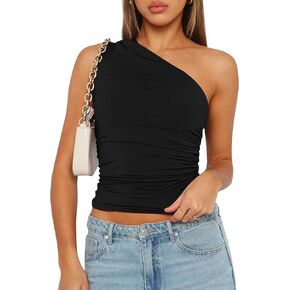 Cioatin Women Sleeveless One Shoulder Crop Tank Tops Ruched Tight Slim Fitted Workout Y2K Going Out Top Trendy 2023 Cami