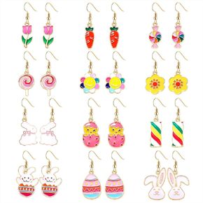 12 Pairs Easter Earrings for Women Enamel Bunny Drop Earrings Cute Rabbit Dangle Earrings Colorful Egg Earring Set Easter Theme Jewelry