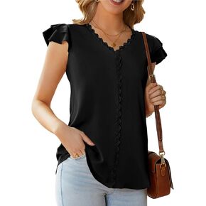 FAIRY SEASON Womens V Neck Summer Tops Ruffled Short Sleeve Blouses Lace Business Casual Flowy Tunics Dressy in Kuwait