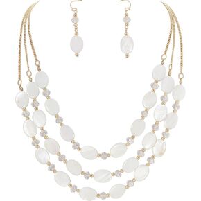 Firstmeet 3 Layered Beaded Necklace Set with Earrings Oval Shell Beads Jewelry Gift for Women