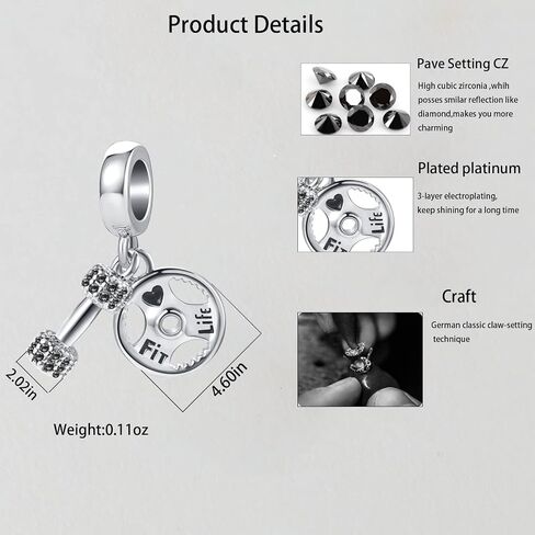 QeenseKc Dumbbell Barllbell Gym Workout Pendant Charm Sports Barbell CZ Bead for Pandora Bracelet in Saudi Arabia