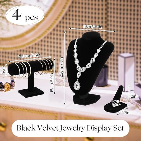 Wenqik 4 Pcs Black Velvet Jewelry Display Set Includes Black Velvet Necklace Bust Holder Bracelet Organizer 2 Pcs Black Velvet Ring Finger Jewelry Holder for Girls Women Retail Shops Boutiques Wedding in Saudi Arabia