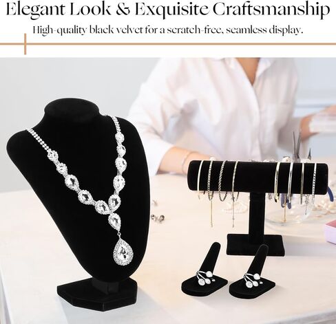 Wenqik 4 Pcs Black Velvet Jewelry Display Set Includes Black Velvet Necklace Bust Holder Bracelet Organizer 2 Pcs Black Velvet Ring Finger Jewelry Holder for Girls Women Retail Shops Boutiques Wedding in Saudi Arabia