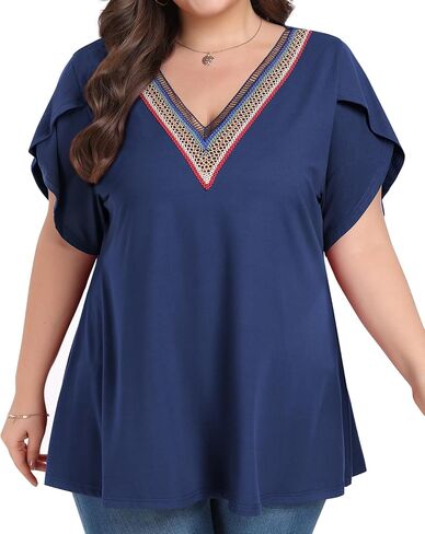 Tanmolo بلوزات بمقاسات كبيرة للنساء صيفية بياقة على شكل V وأكمام قصيرة وقمصان تونيك 2024 مقاس جديد 14-26 1XL-4XL in Kuwait