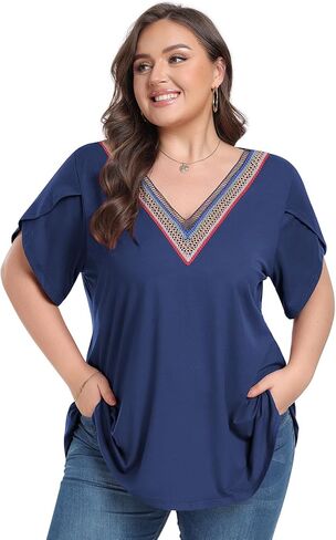 Tanmolo بلوزات بمقاسات كبيرة للنساء صيفية بياقة على شكل V وأكمام قصيرة وقمصان تونيك 2024 مقاس جديد 14-26 1XL-4XL in Kuwait