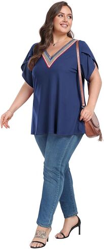 Tanmolo بلوزات بمقاسات كبيرة للنساء صيفية بياقة على شكل V وأكمام قصيرة وقمصان تونيك 2024 مقاس جديد 14-26 1XL-4XL in Kuwait