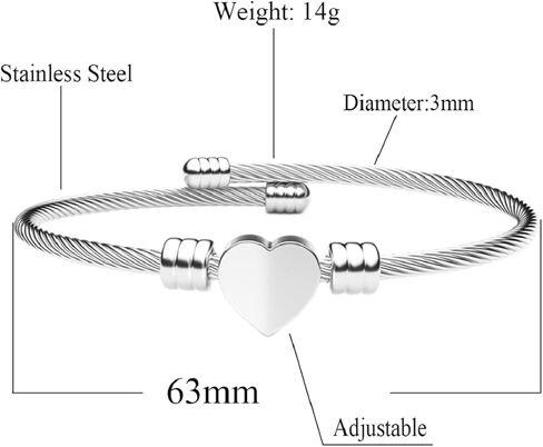 Harlorki Women Lady's Shiny Stainless Steel Love Heart Pendent Bangle Adjustable Size Wrist Cuff Bracelet Fashion Jewelry, Medium, Metal, no gemstone in Kuwait