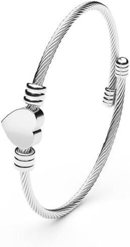Harlorki Women Lady's Shiny Stainless Steel Love Heart Pendent Bangle Adjustable Size Wrist Cuff Bracelet Fashion Jewelry, Medium, Metal, no gemstone in Kuwait