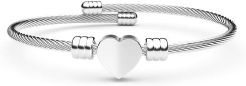 Harlorki Women Lady's Shiny Stainless Steel Love Heart Pendent Bangle Adjustable Size Wrist Cuff Bracelet Fashion Jewelry, Medium, Metal, no gemstone in Kuwait