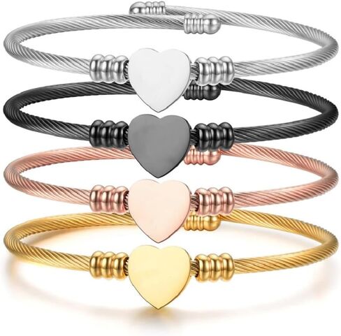 Harlorki Women Lady's Shiny Stainless Steel Love Heart Pendent Bangle Adjustable Size Wrist Cuff Bracelet Fashion Jewelry, Medium, Metal, no gemstone in Kuwait