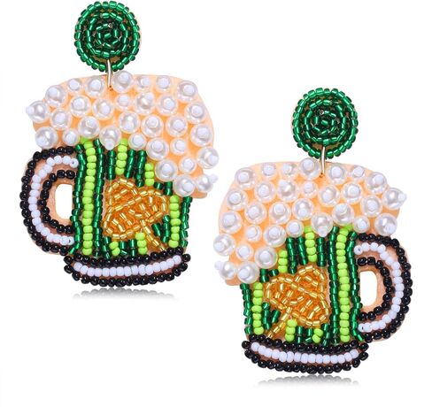 St Patricks Day Earrings Dangling Beaded Green Shamrock Earrings Handmade Lucky Clover Beer Glass Leprechaun Teardrop Drop Dangle Earrings Funny Irish Holiday Jewelry Gift for Women Girls in Saudi Arabia
