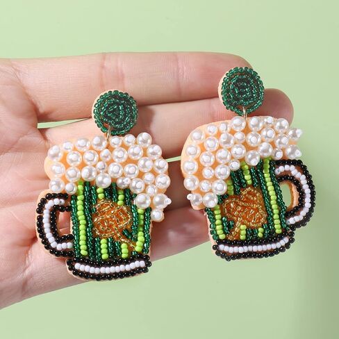 St Patricks Day Earrings Dangling Beaded Green Shamrock Earrings Handmade Lucky Clover Beer Glass Leprechaun Teardrop Drop Dangle Earrings Funny Irish Holiday Jewelry Gift for Women Girls in Saudi Arabia