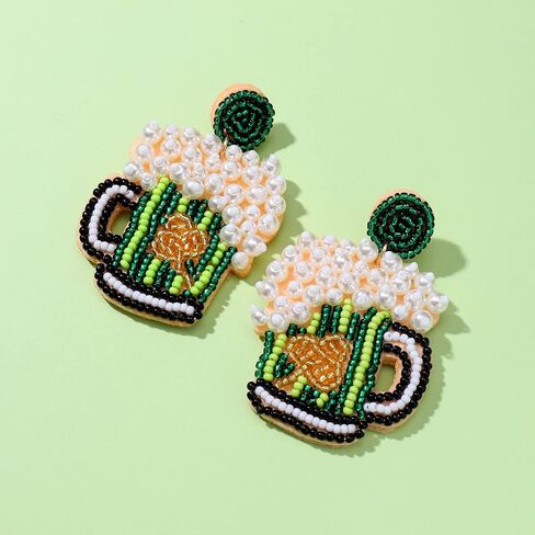St Patricks Day Earrings Dangling Beaded Green Shamrock Earrings Handmade Lucky Clover Beer Glass Leprechaun Teardrop Drop Dangle Earrings Funny Irish Holiday Jewelry Gift for Women Girls in Saudi Arabia