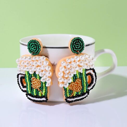 St Patricks Day Earrings Dangling Beaded Green Shamrock Earrings Handmade Lucky Clover Beer Glass Leprechaun Teardrop Drop Dangle Earrings Funny Irish Holiday Jewelry Gift for Women Girls in Saudi Arabia