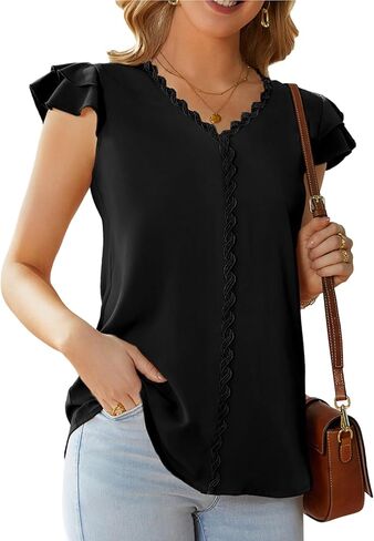 FAIRY SEASON Womens V Neck Summer Tops Ruffled Short Sleeve Blouses Lace Business Casual Flowy Tunics Dressy in Kuwait