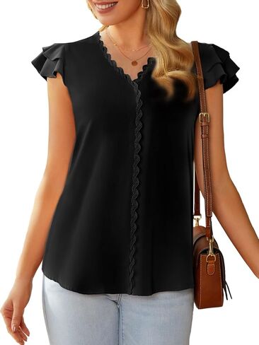 FAIRY SEASON Womens V Neck Summer Tops Ruffled Short Sleeve Blouses Lace Business Casual Flowy Tunics Dressy in Kuwait
