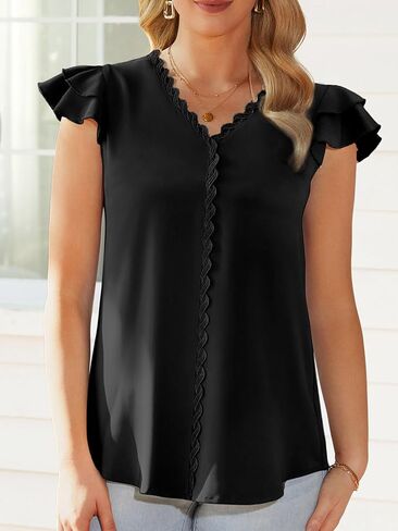 FAIRY SEASON Womens V Neck Summer Tops Ruffled Short Sleeve Blouses Lace Business Casual Flowy Tunics Dressy in Kuwait