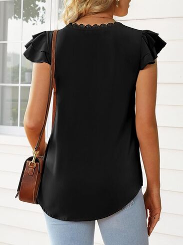 FAIRY SEASON Womens V Neck Summer Tops Ruffled Short Sleeve Blouses Lace Business Casual Flowy Tunics Dressy in Kuwait