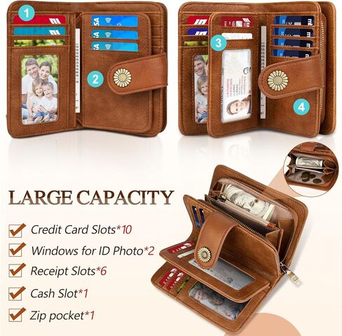 Leather RFID Blocking Wallet for Women Medium Bifold Ladies Wallets 18 Card Slots Large Capacity Small Coin Purse in Kuwait