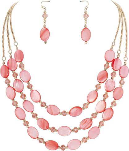 Firstmeet 3 Layered Beaded Necklace Set with Earrings Oval Shell Beads Jewelry Gift for Women in Saudi Arabia