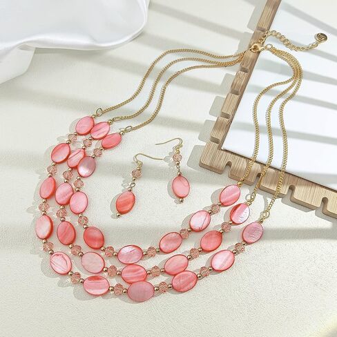 Firstmeet 3 Layered Beaded Necklace Set with Earrings Oval Shell Beads Jewelry Gift for Women in Saudi Arabia