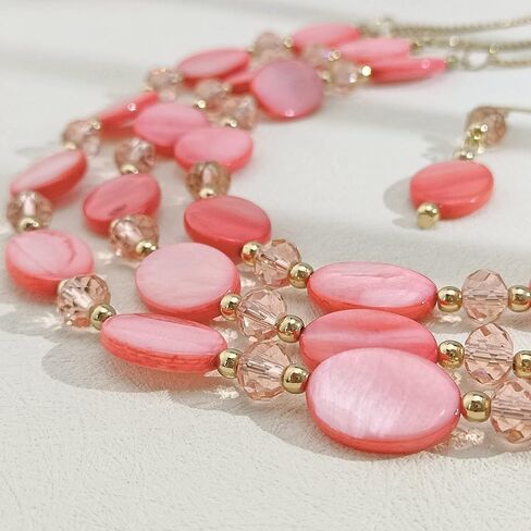 Firstmeet 3 Layered Beaded Necklace Set with Earrings Oval Shell Beads Jewelry Gift for Women in Saudi Arabia