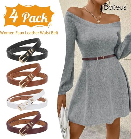 Balteus المرأة نحيل حزام 4 مجموعة رقيقة حزام جلد فو مع الذهب مزدوج O مشبك لفساتين الصيف الجينز والسراويل in Kuwait