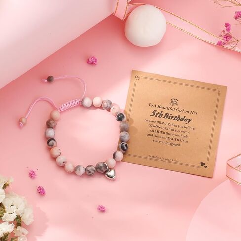 4-12years old Birthday Gifts for Girl Bracelet,Adjustable Pink Zebra Natural Stone Bracelet with Sweet Heart and Message Card for daughter, niece, granddaughter, or any special girl in your life in Saudi Arabia