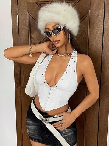 WDIRARA Women's Y2K Halter Top Deep V Backless Asymmetrical Hem Cami Crop Tops in Saudi Arabia