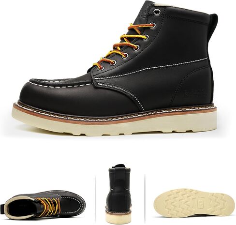 سايفتي لونج حذاء عمل بمقدمة موك للرجال باللون الاسود، حذاء مريح من الجلد المحبب بمقدمة ناعمة ومقاومة للانزلاق ونعل خارجي in Kuwait