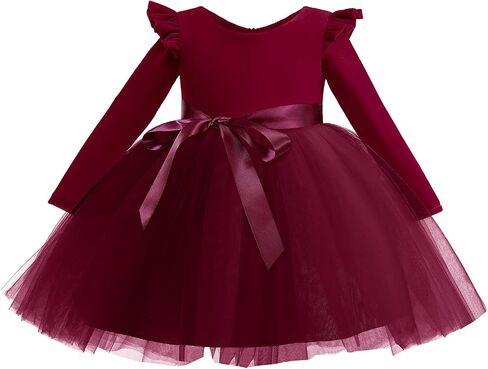 Kids Girls Long Sleeve Ruffle Velvet Tulle Tutu Dress Elegant Princess Dress for Spring Fall Winter in Kuwait
