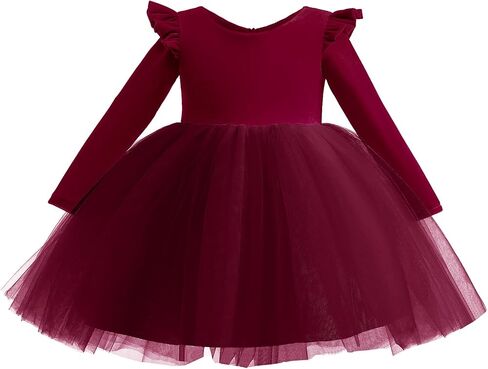 Kids Girls Long Sleeve Ruffle Velvet Tulle Tutu Dress Elegant Princess Dress for Spring Fall Winter in Kuwait