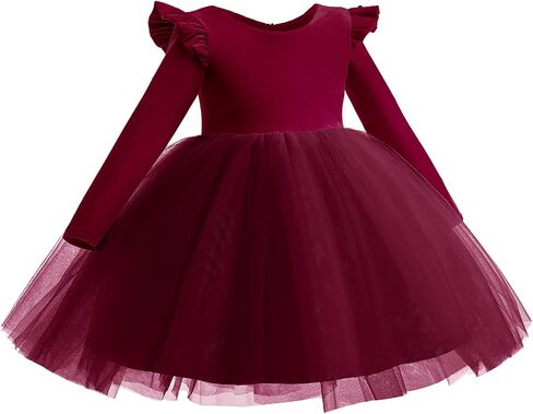 Kids Girls Long Sleeve Ruffle Velvet Tulle Tutu Dress Elegant Princess Dress for Spring Fall Winter in Kuwait
