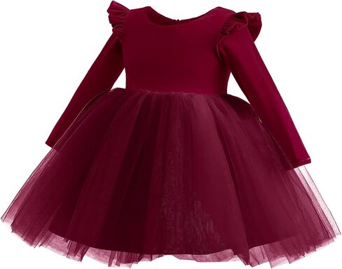Kids Girls Long Sleeve Ruffle Velvet Tulle Tutu Dress Elegant Princess Dress for Spring Fall Winter in Kuwait