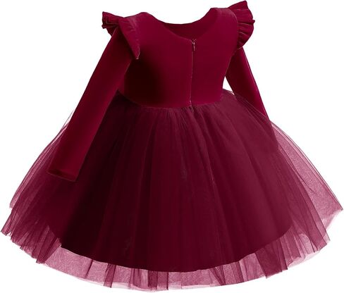 Kids Girls Long Sleeve Ruffle Velvet Tulle Tutu Dress Elegant Princess Dress for Spring Fall Winter in Kuwait