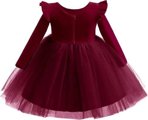 Kids Girls Long Sleeve Ruffle Velvet Tulle Tutu Dress Elegant Princess Dress for Spring Fall Winter in Kuwait