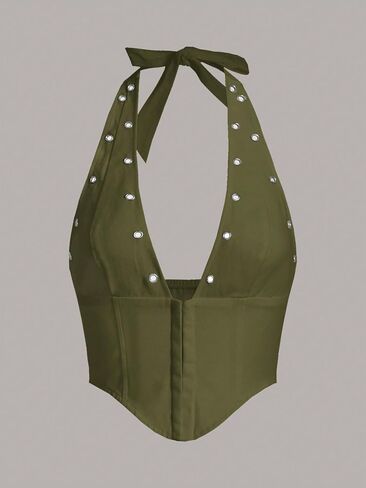 بلوزة WDIRARA النسائية Y2K ذات رسن عميق على شكل حرف V بدون ظهر وحاشية غير متماثلة in Kuwait