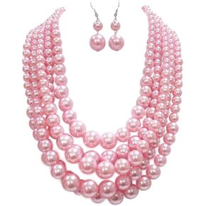 Rosemarie & Jubalee Women's 5 Colorful Multi Strands Simulated Pearl Bib Necklace And Earrings Jewelry Set, 16"+3" Extender