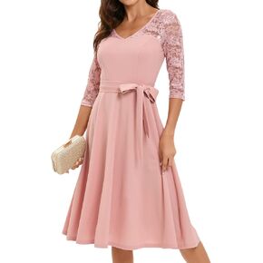 فستان Bbonlinedress نسائي طويل الأكمام رسمي عتيق لحفلات الكوكتيل وحفلات الزفاف للضيوف ورقبة على شكل حرف V على شكل حرف A سوينغ متوسط ​​الطول in Kuwait