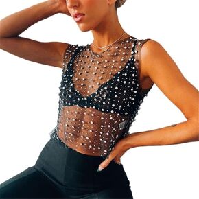 Andy's Orchids Women's Mesh T-Shirt, Pearl Rhinestone See Through, Sexy Crop Tops, Sleeveless Blouse, Mesh Blouse, Swimsuit Cover Up, Beach Cover-Ups, Summer Women Cover Up Crop Top Black in Saudi Arabia