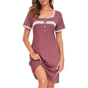 Aranmei Women’s Sexy Lace Square Neck Button Down Chemise Nightgown Sleepshirts Short Sleeve Sleepwear Pajama Sleep Dress