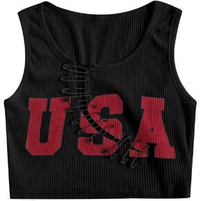 SweatyRocks Women's Sleeveless Letter Graphic Casual Ribbed Knit Pin Front Crop Tank Top