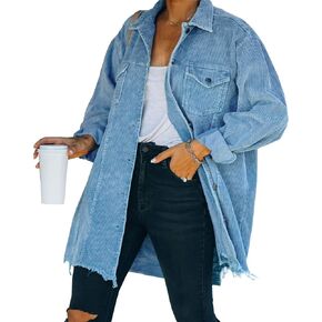 Kedera Women's Retro Distressed Corduroy Shacket Jacket Oversized Midi-Long Fringe Fall Winter Shirt Coats in Kuwait