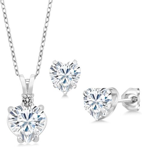 Gem Stone King 925 Sterling Silver White Moissanite and White Diamond Pendant and Earrings Jewelry Set For Women (3.47 Cttw, Heart Shape 8MM and 6MM, with 18 Inch Chain) in Saudi Arabia