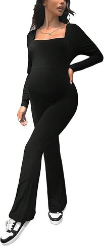 OYOANGLE Women's Maternity Ribbed Knit Square Neck Long Sleeve Flare Leg Long Romper Pants Jumpsuit in Saudi Arabia