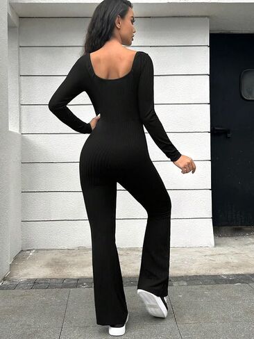 OYOANGLE Women's Maternity Ribbed Knit Square Neck Long Sleeve Flare Leg Long Romper Pants Jumpsuit in Saudi Arabia